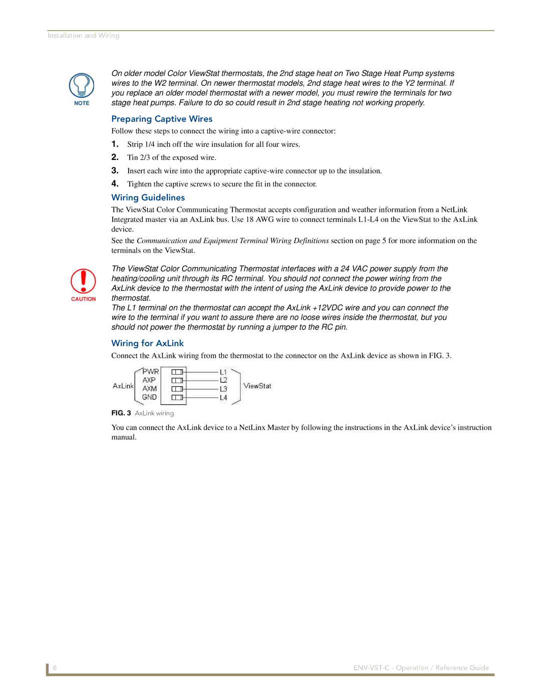 AMX ENV-VST-C manual Preparing Captive Wires, Wiring Guidelines, Wiring for AxLink 