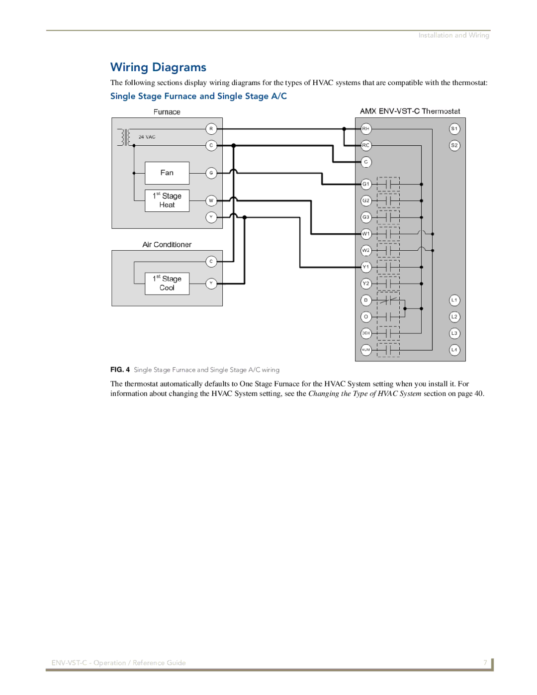 AMX ENV-VST-C manual Wiring Diagrams, Single Stage Furnace and Single Stage A/C 