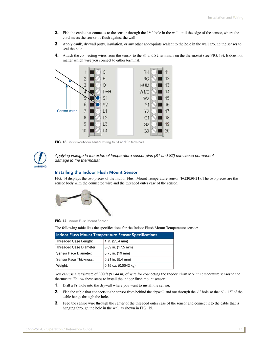 AMX ENV-VST-C manual Installing the Indoor Flush Mount Sensor, Indoor Flush Mount Temperature Sensor Specifications 