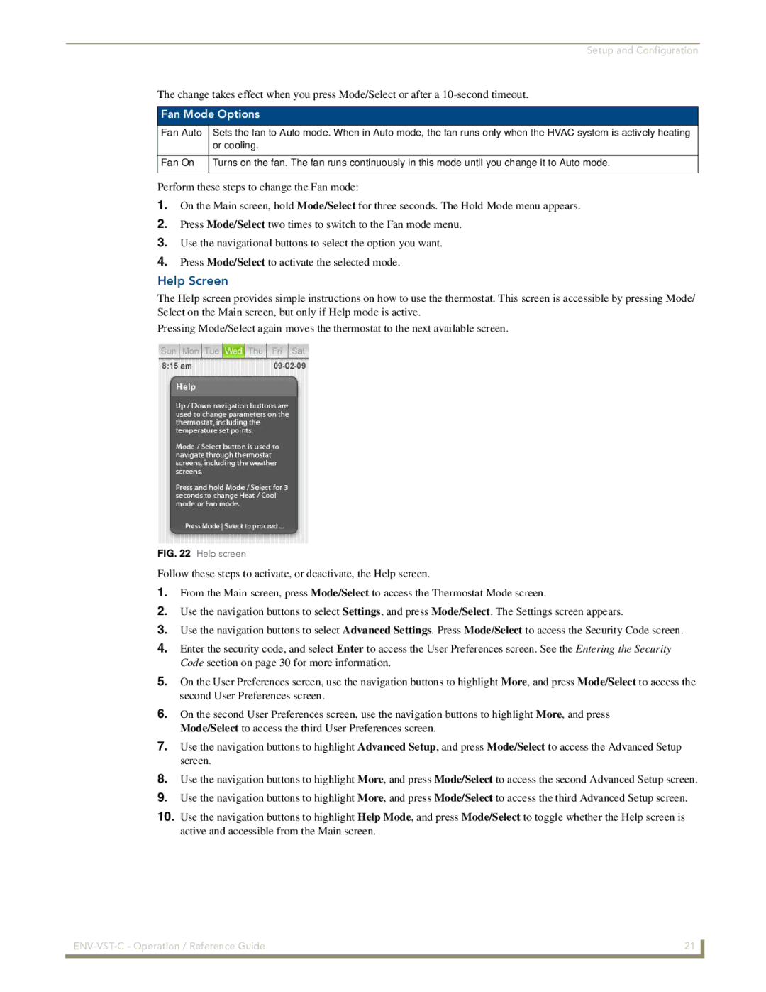 AMX ENV-VST-C manual Help Screen, Fan Mode Options, Fan Auto, Or cooling 