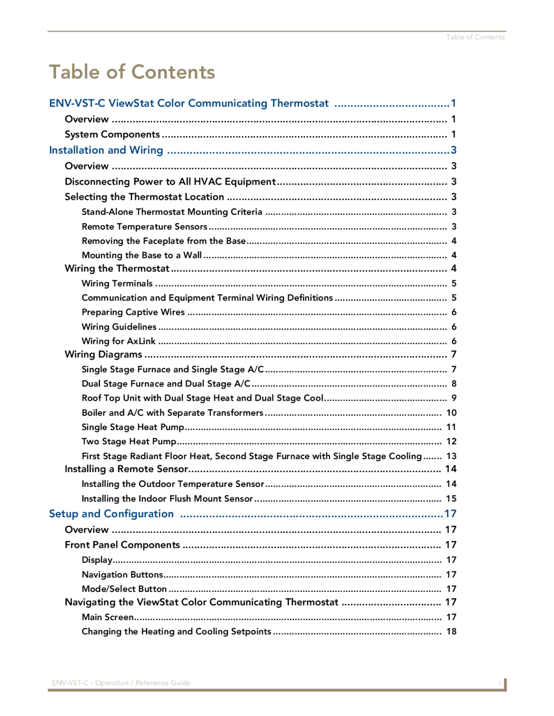 AMX ENV-VST-C manual Table of Contents 