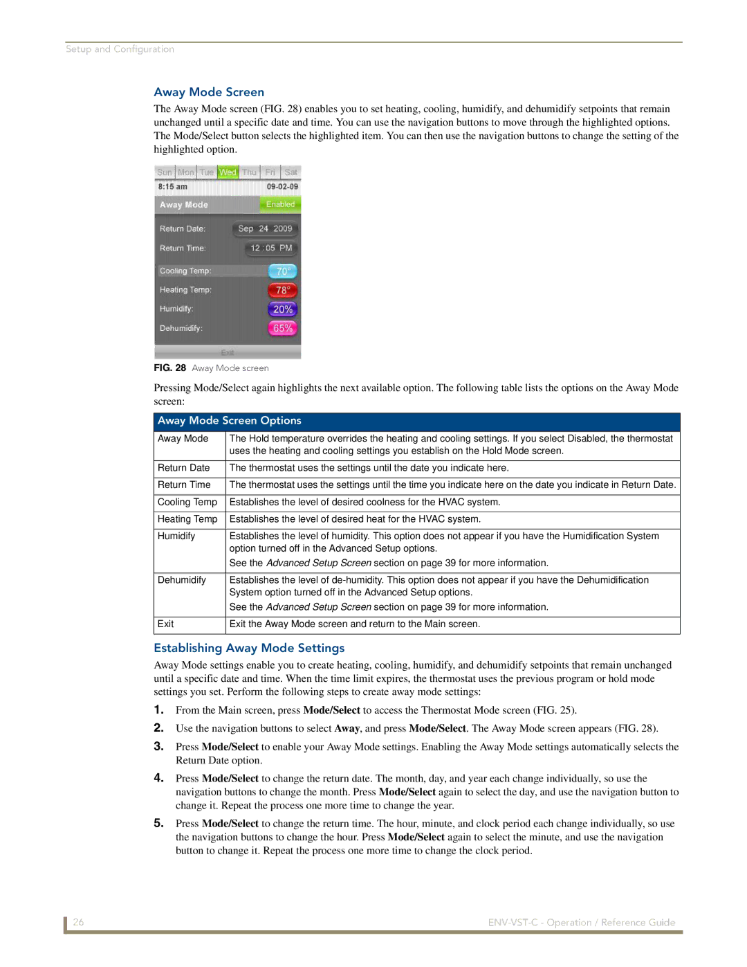 AMX ENV-VST-C manual Establishing Away Mode Settings, Away Mode Screen Options 