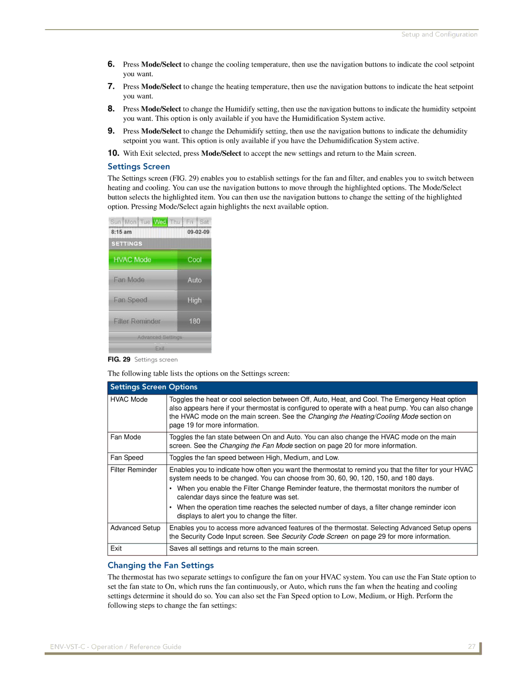 AMX ENV-VST-C manual Changing the Fan Settings, Settings Screen Options 