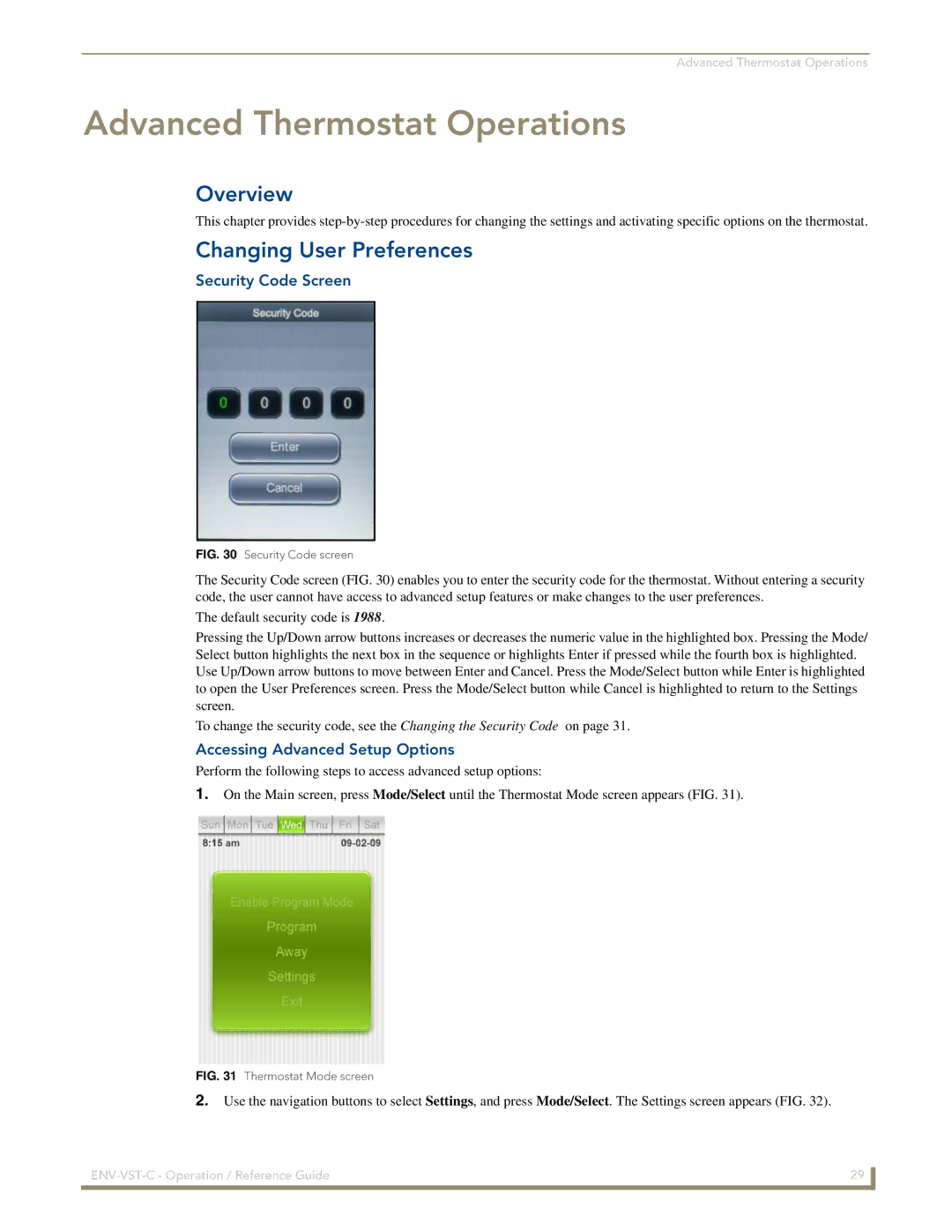 AMX ENV-VST-C manual Changing User Preferences, Security Code Screen, Accessing Advanced Setup Options 