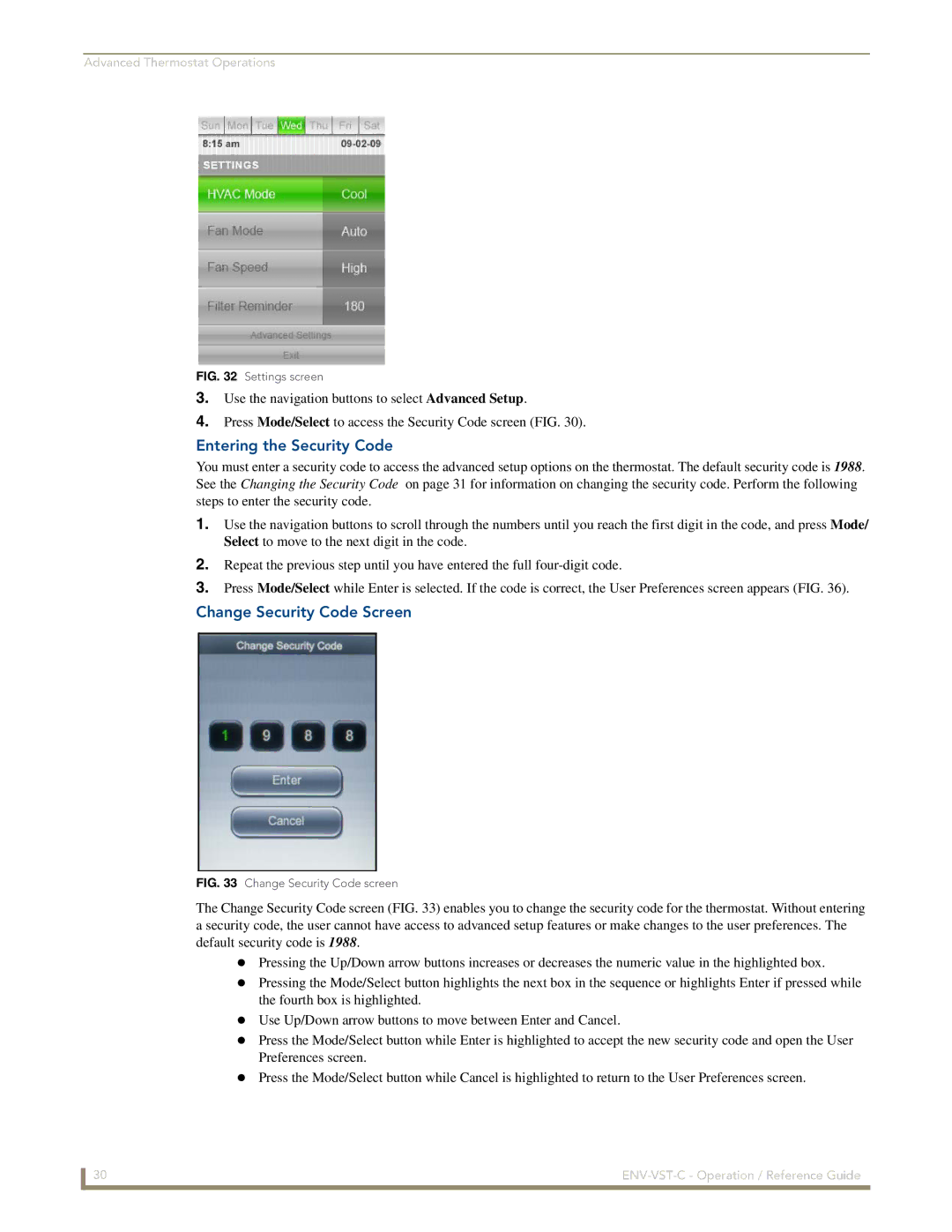 AMX ENV-VST-C manual Entering the Security Code, Change Security Code Screen 