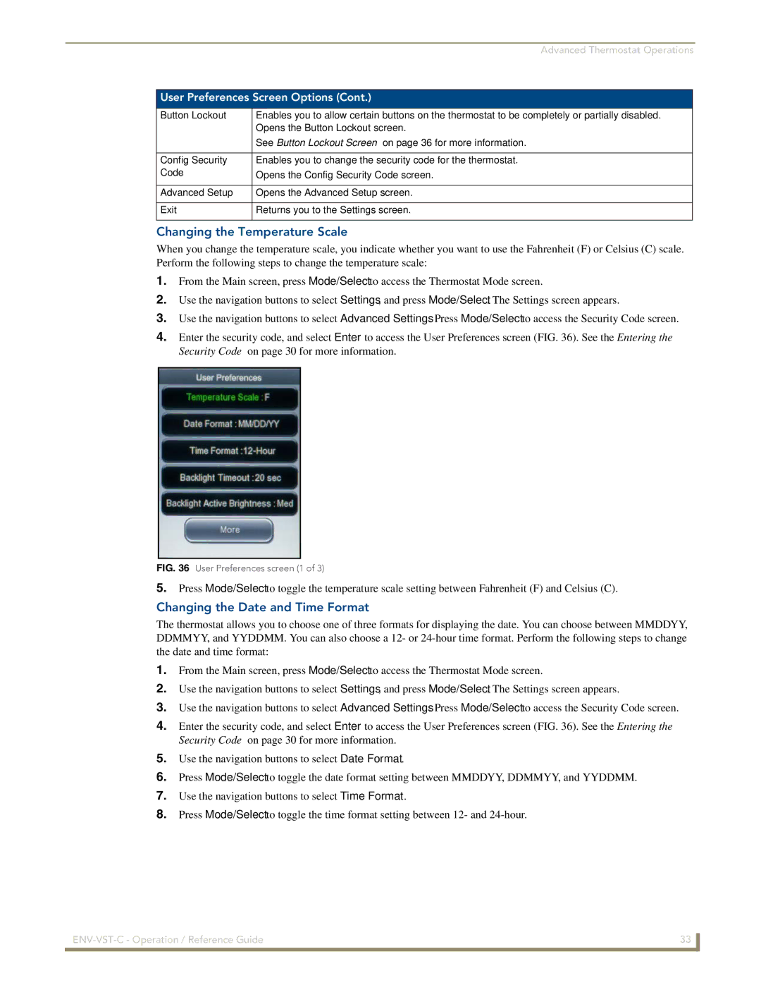 AMX ENV-VST-C manual Changing the Temperature Scale, Changing the Date and Time Format 