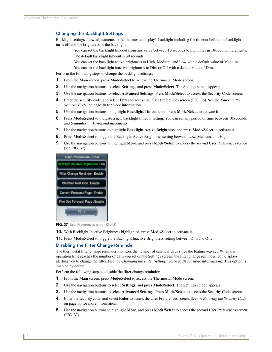 AMX ENV-VST-C manual Changing the Backlight Settings, Disabling the Filter Change Reminder 