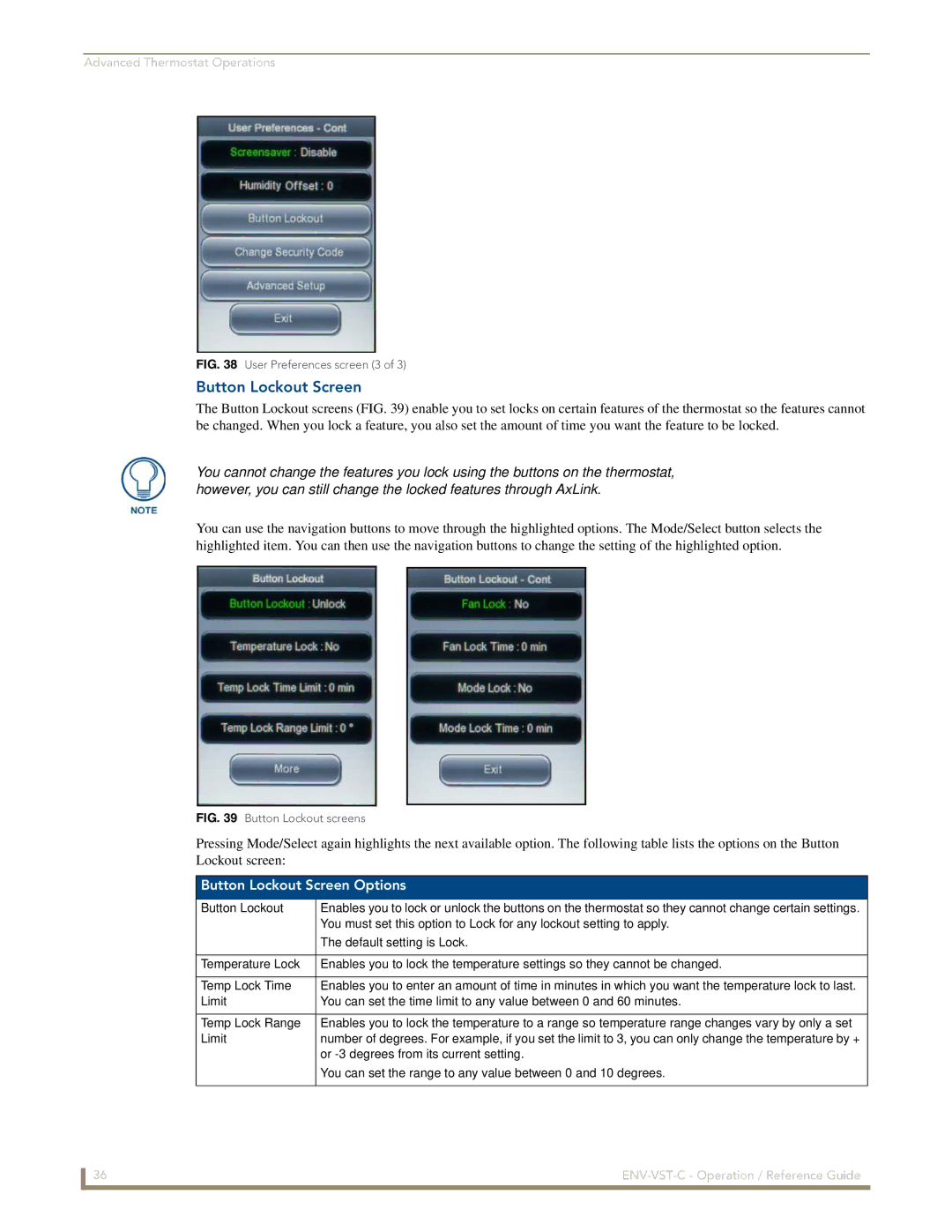 AMX ENV-VST-C manual Button Lockout Screen Options 