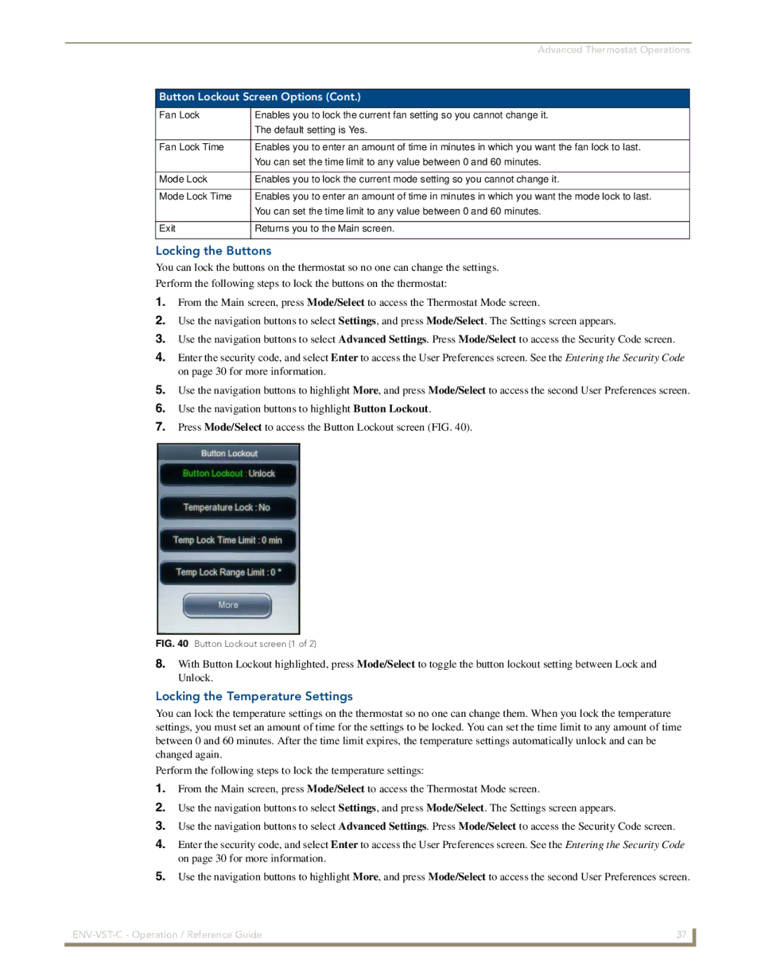 AMX ENV-VST-C manual Locking the Buttons, Locking the Temperature Settings 