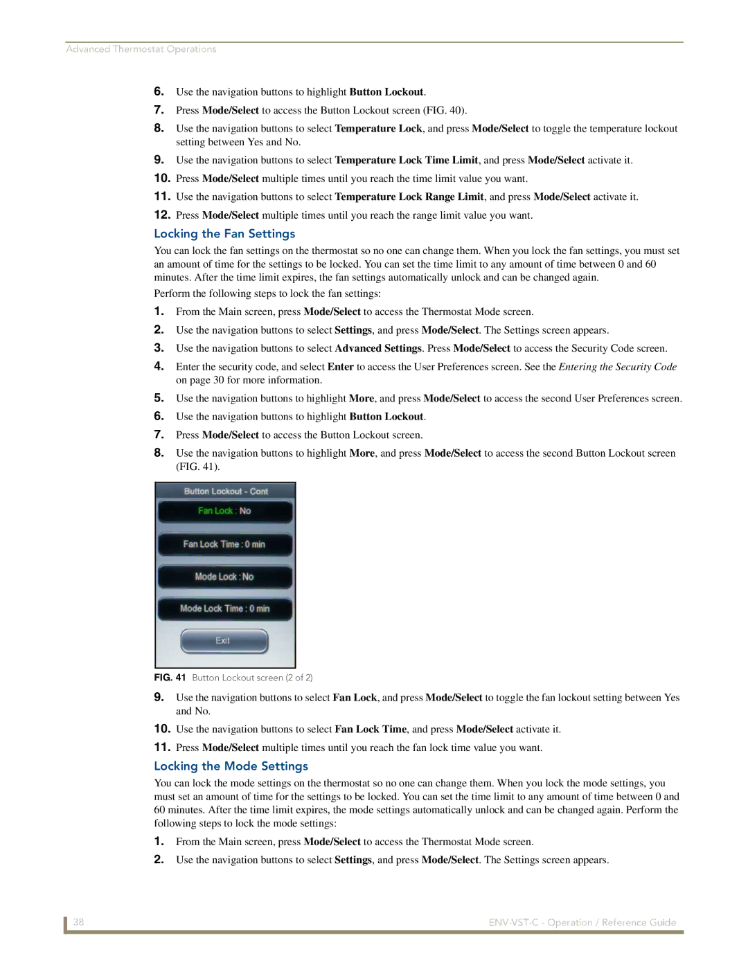 AMX ENV-VST-C manual Locking the Fan Settings, Locking the Mode Settings 