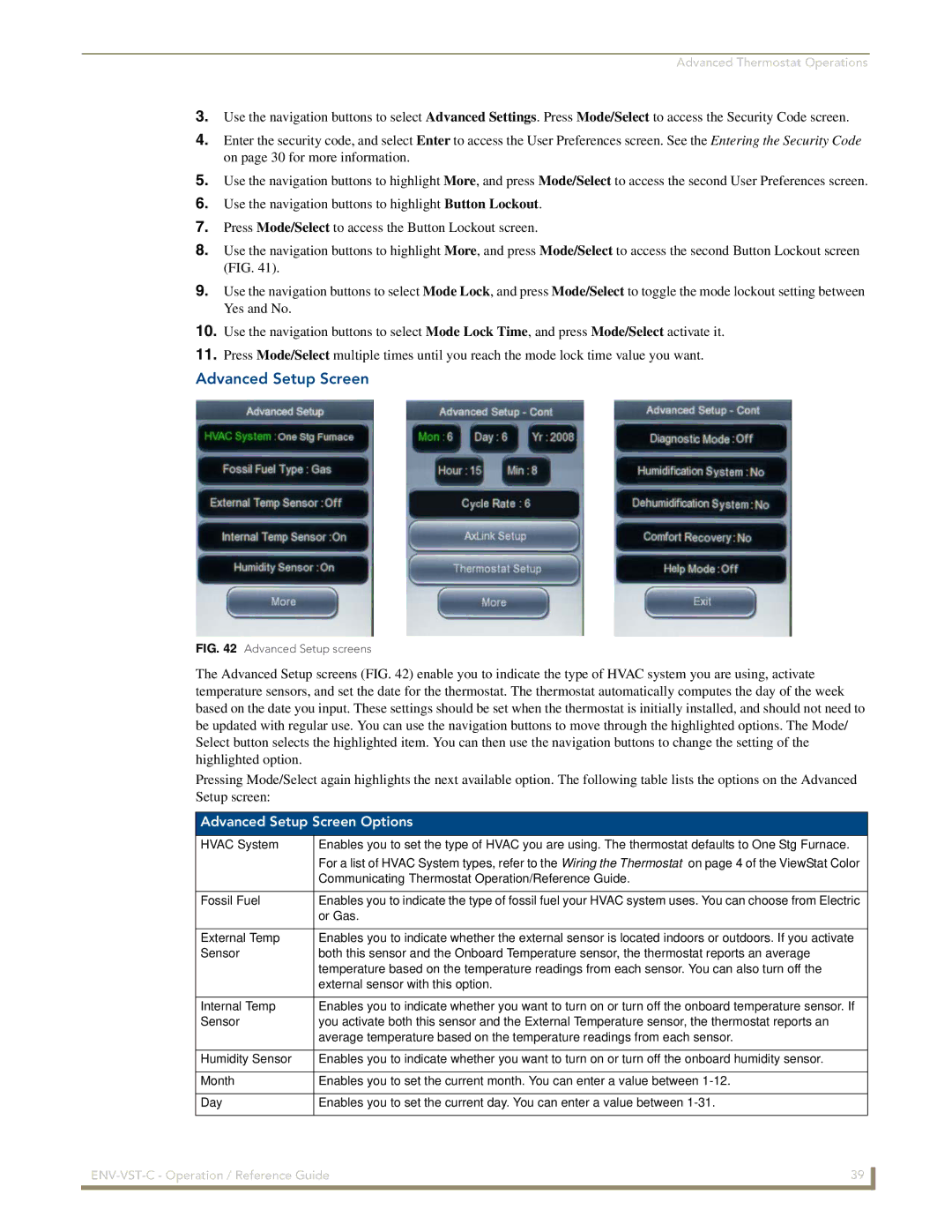 AMX ENV-VST-C manual Advanced Setup Screen Options 