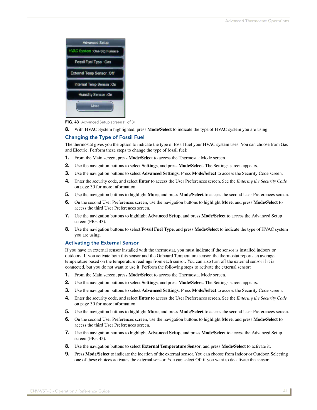 AMX ENV-VST-C manual Changing the Type of Fossil Fuel, Activating the External Sensor 