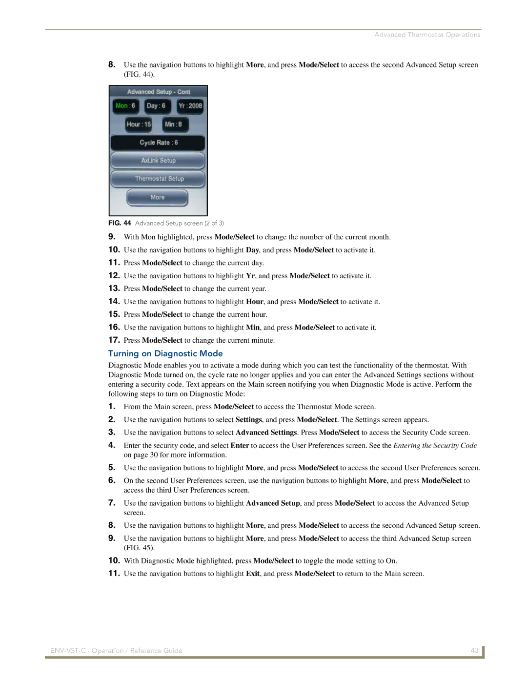 AMX ENV-VST-C manual Turning on Diagnostic Mode, Advanced Setup screen 2 