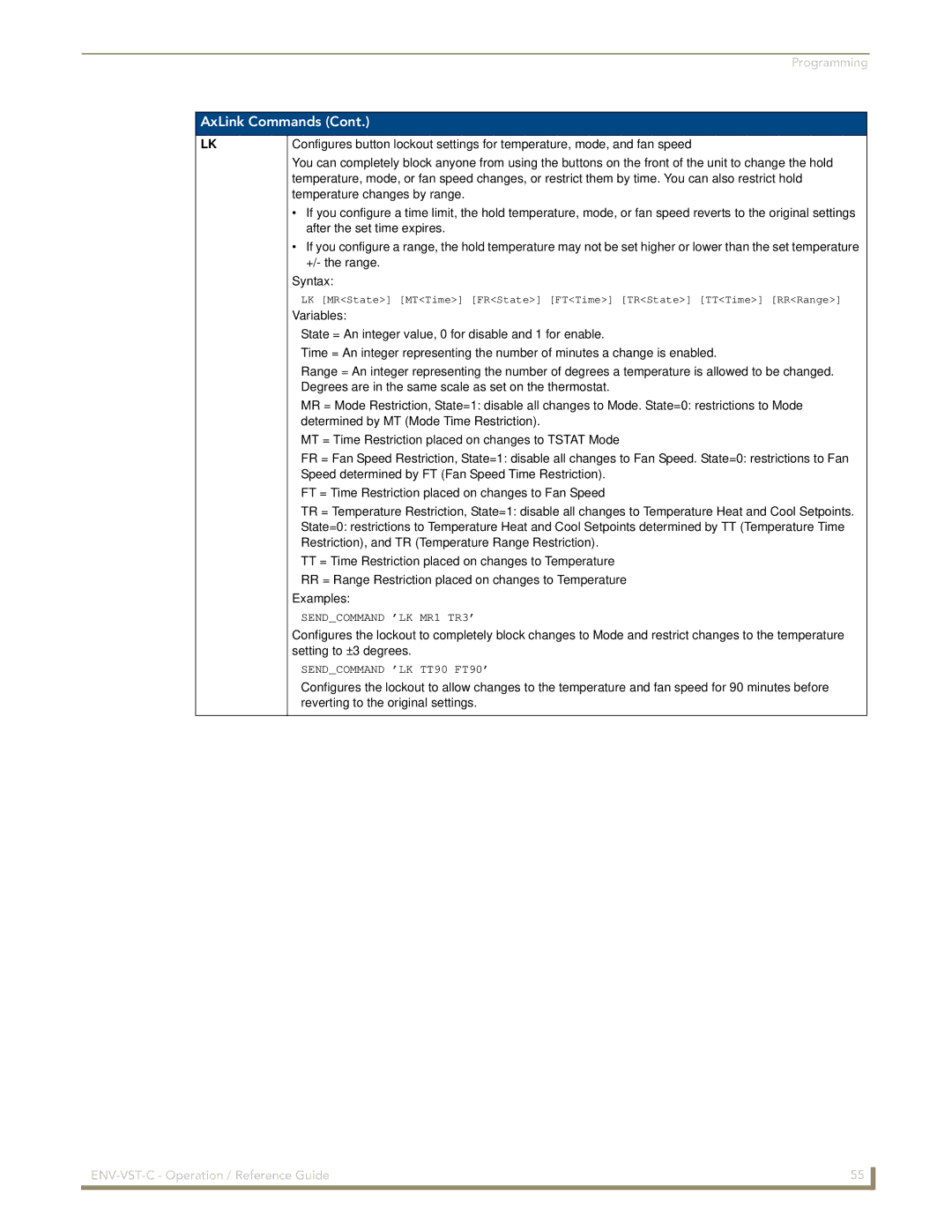 AMX ENV-VST-C manual Sendcommand ’LK MR1 TR3’ 