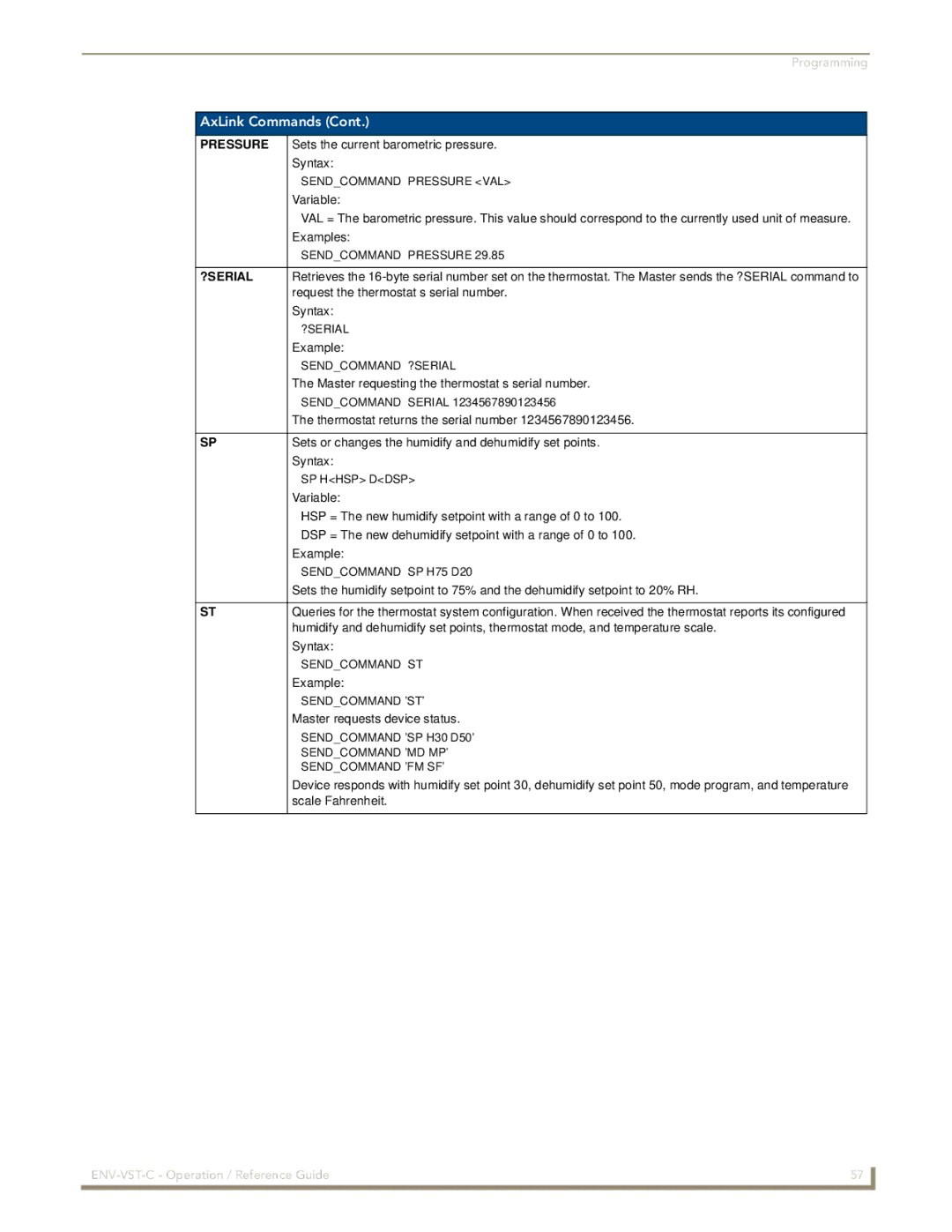 AMX ENV-VST-C Sets the current barometric pressure, Request the thermostat’s serial number, Master requests device status 