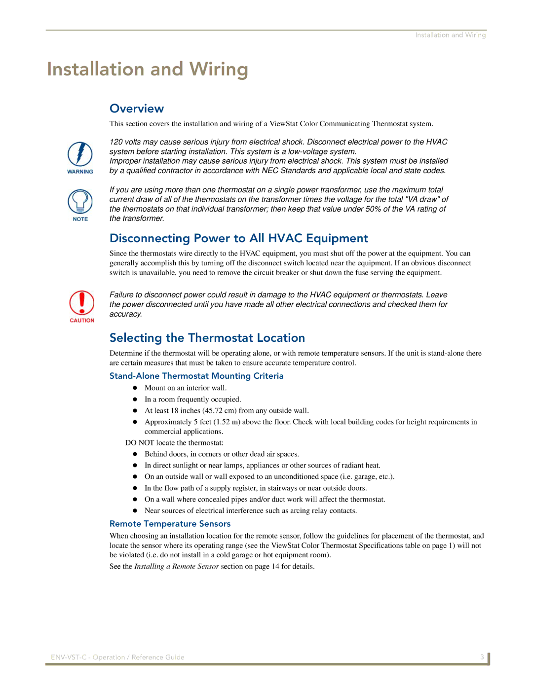 AMX ENV-VST-C Disconnecting Power to All Hvac Equipment, Selecting the Thermostat Location, Remote Temperature Sensors 