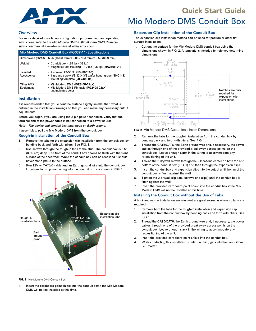 AMX FG039.11 quick start Overview, Rough-in Installation of the Conduit Box 