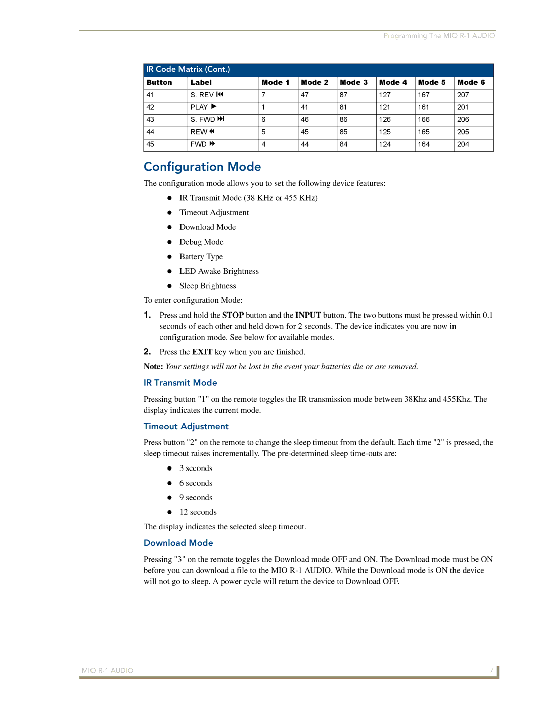 AMX FG147-04 manual Configuration Mode, IR Transmit Mode, Timeout Adjustment, Download Mode 