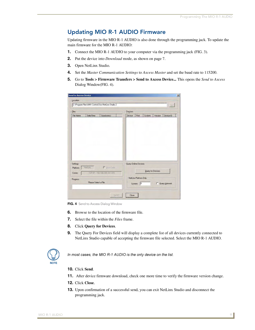 AMX FG147-04 manual Updating MIO R-1 Audio Firmware, Click Query for Devices 