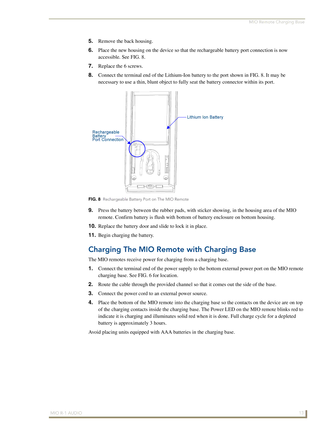 AMX FG147-04 manual Charging The MIO Remote with Charging Base, Rechargeable Battery Port on The MIO Remote 