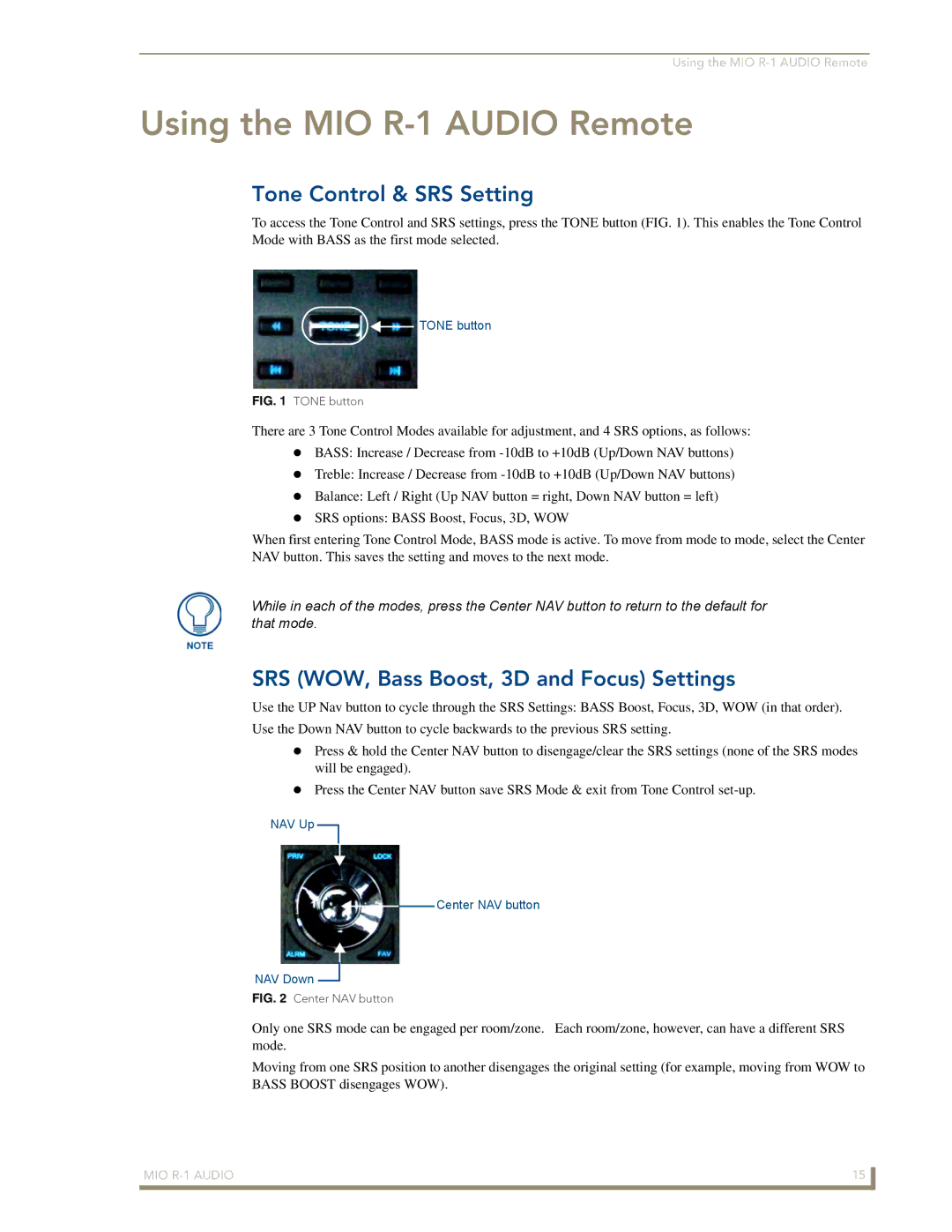 AMX FG147-04 manual Using the MIO R-1 Audio Remote, Tone Control & SRS Setting, SRS WOW, Bass Boost, 3D and Focus Settings 