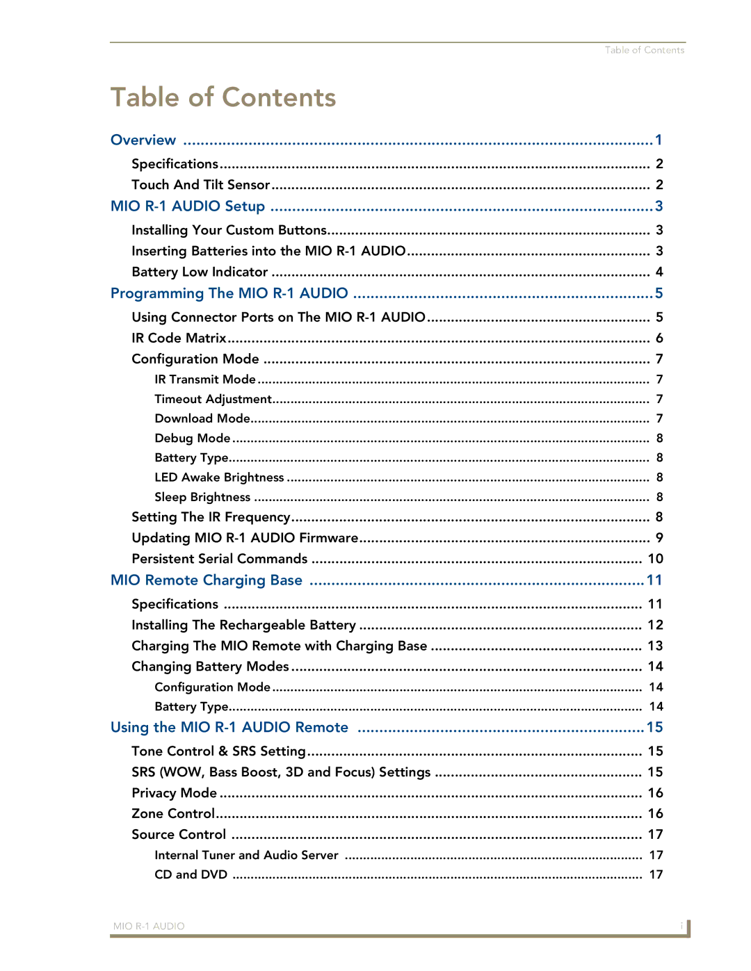 AMX FG147-04 manual Table of Contents 