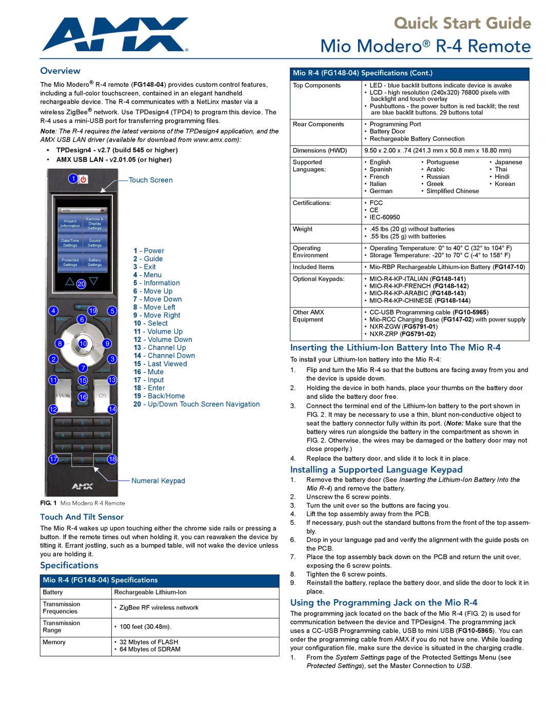 AMX FG148-04 quick start Overview, Specifications, Inserting the Lithium-Ion Battery Into The Mio R-4 