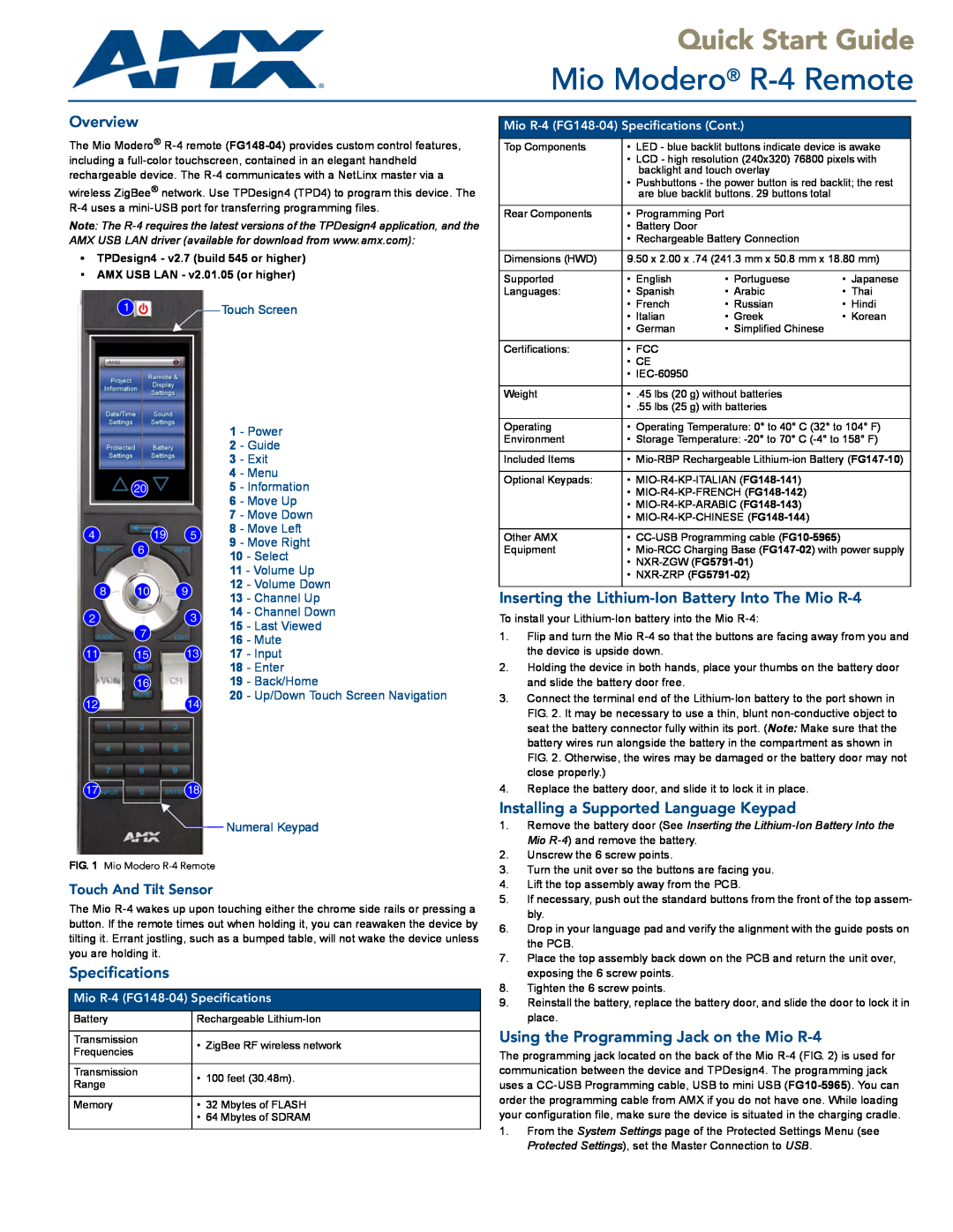 AMX FG148-04 quick start Overview, Specifications, Inserting the Lithium-Ion Battery Into The Mio R-4, Move Down, Select 