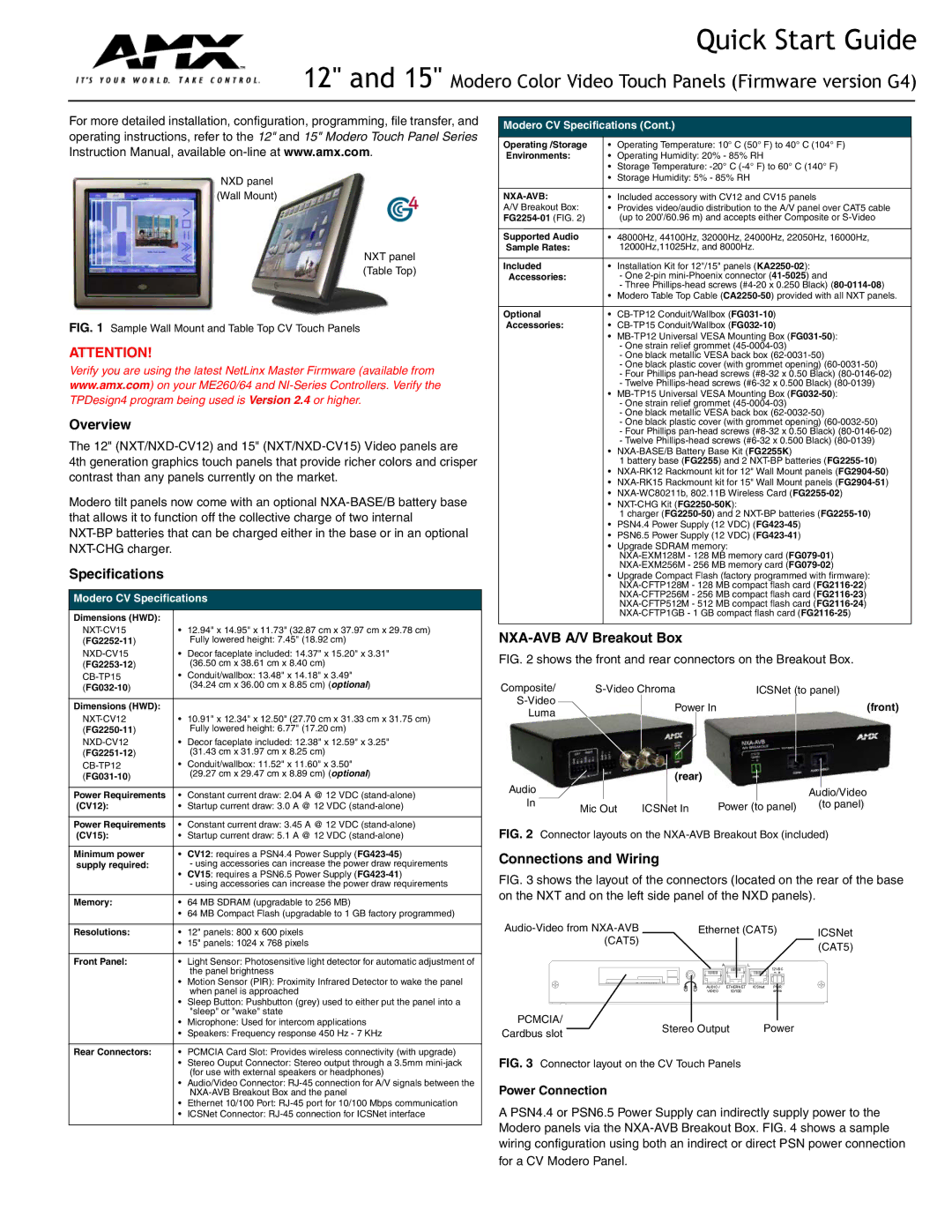 AMX Firmware version G4 quick start Overview, Specifications, NXA-AVB A/V Breakout Box, Connections and Wiring 