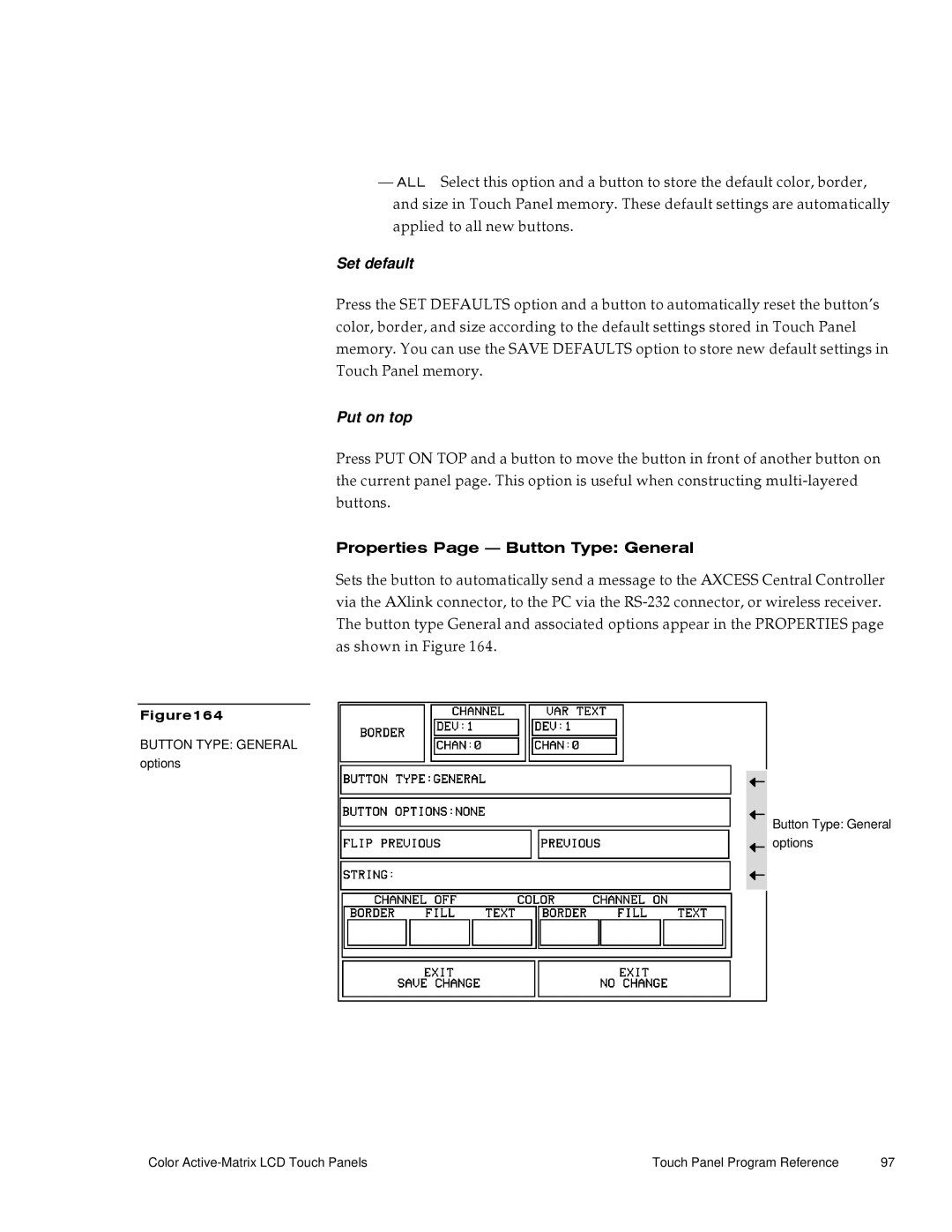 AMX G3 manual Set default, Put on top, Properties Page Button Type General 