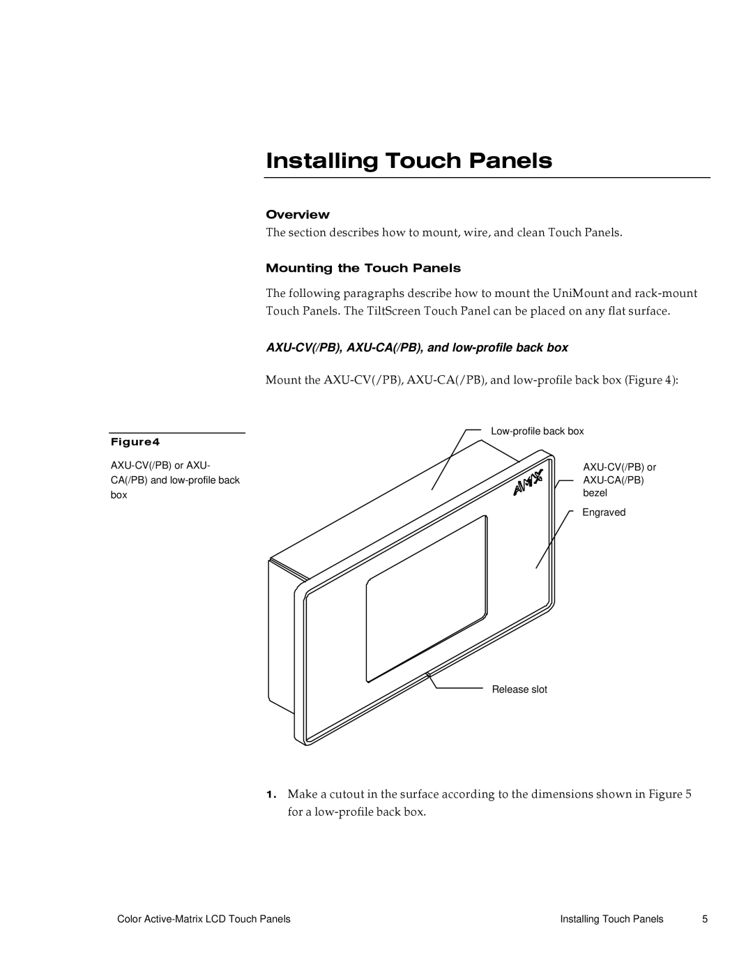 AMX G3 manual Installing Touch Panels, Mounting the Touch Panels, AXU-CV/PB, AXU-CA/PB, and low-profile back box 