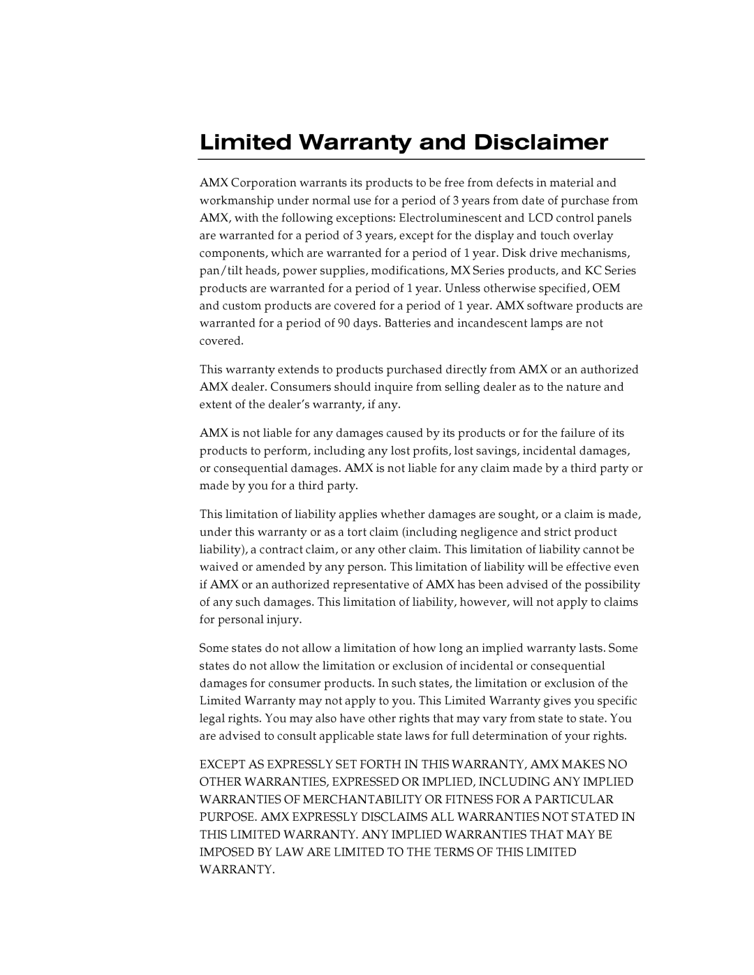 AMX G3 manual Limited Warranty and Disclaimer 