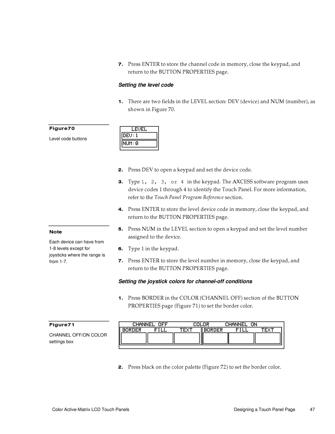 AMX G3 manual Setting the level code, Setting the joystick colors for channel-off conditions 