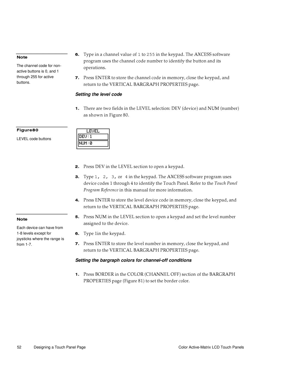 AMX G3 manual Setting the level code, Setting the bargraph colors for channel-off conditions 