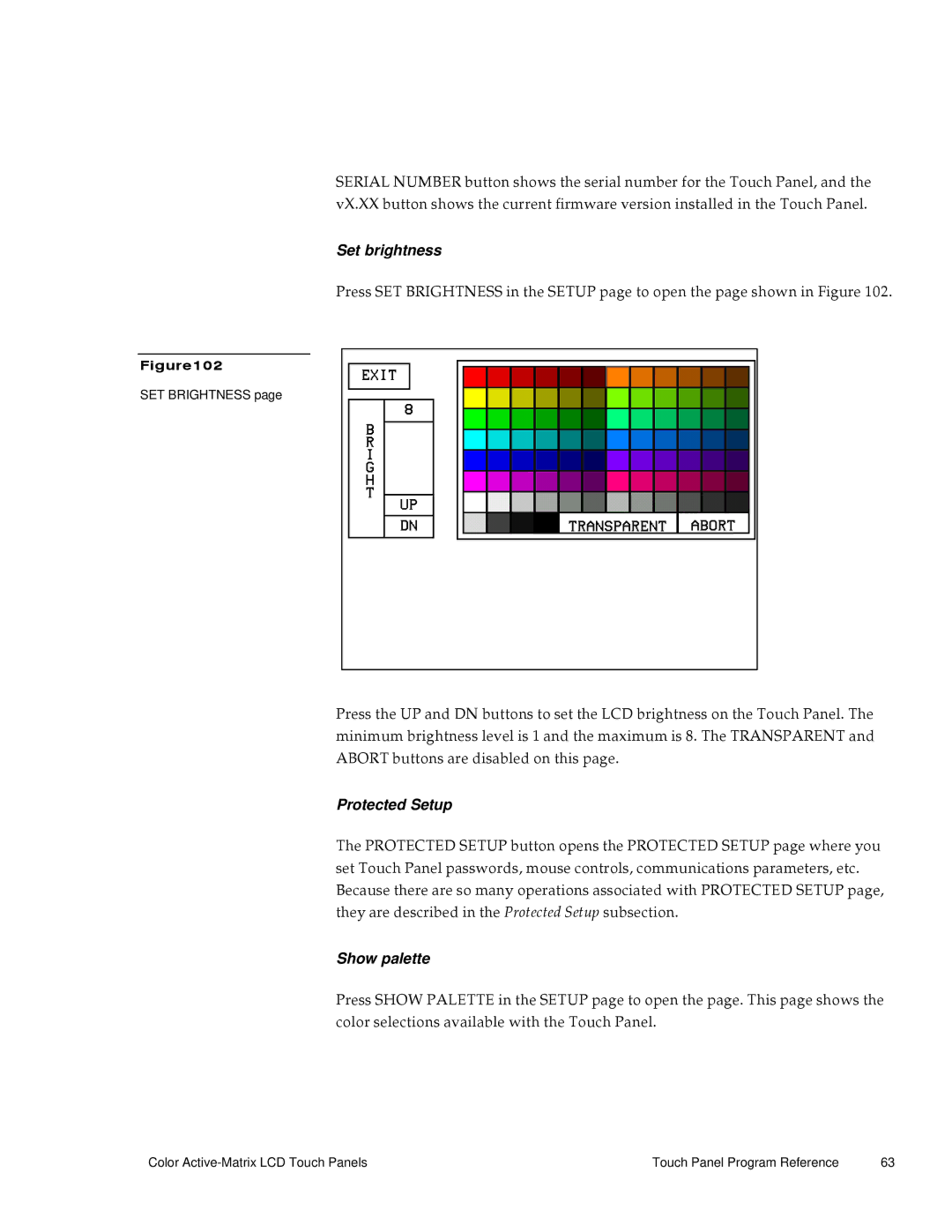 AMX G3 manual Set brightness, Protected Setup, Show palette 