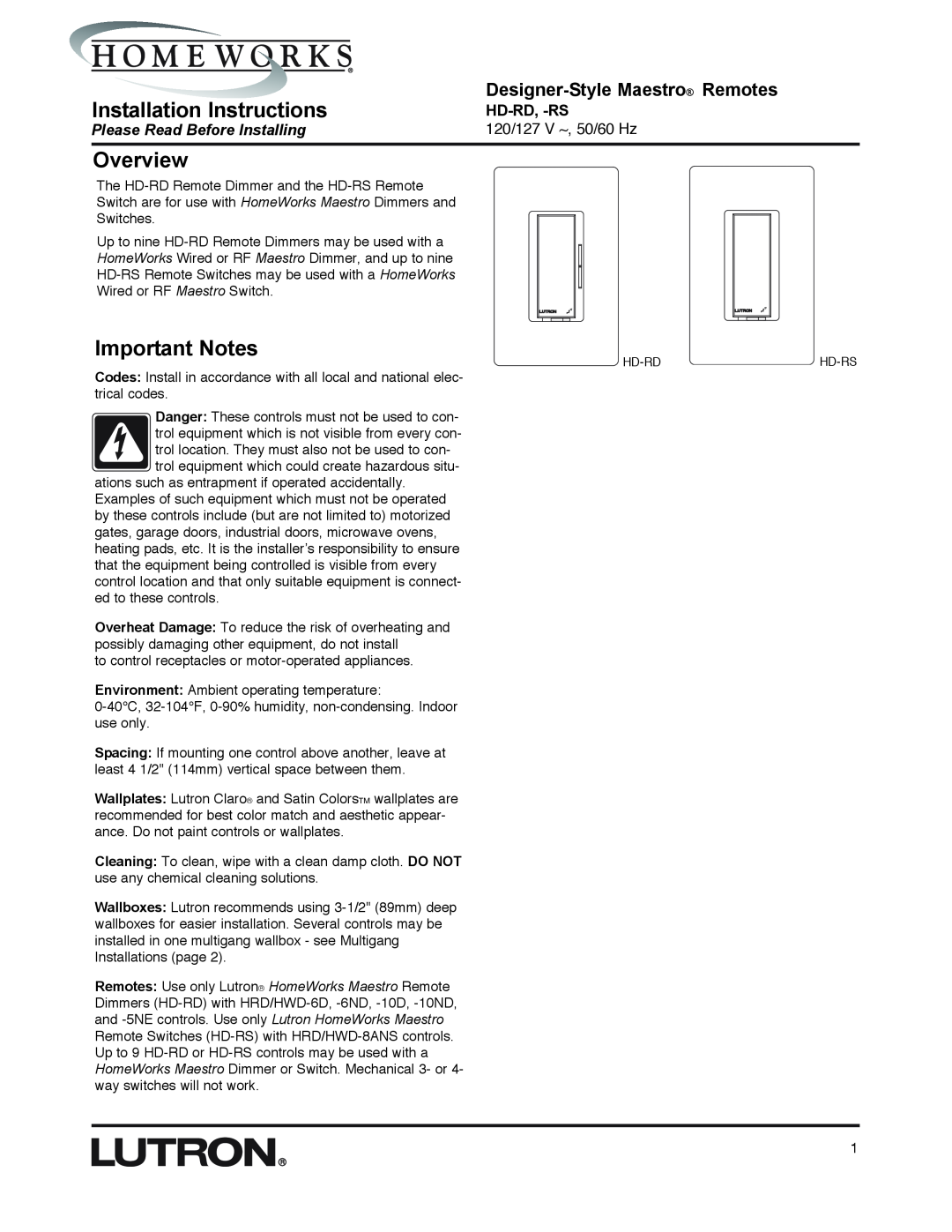 AMX HD-RD installation instructions Installation Instructions, Overview, Important Notes, Designer-Style Maestro Remotes 