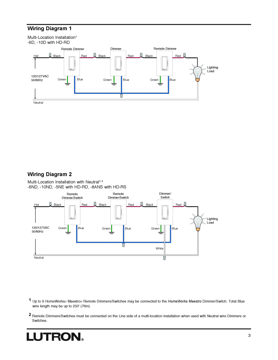 AMX HD-RS Wiring Diagram, Multi-Location Installation1 -6D, -10D with HD-RD, Multi-Location Installation with Neutral1 