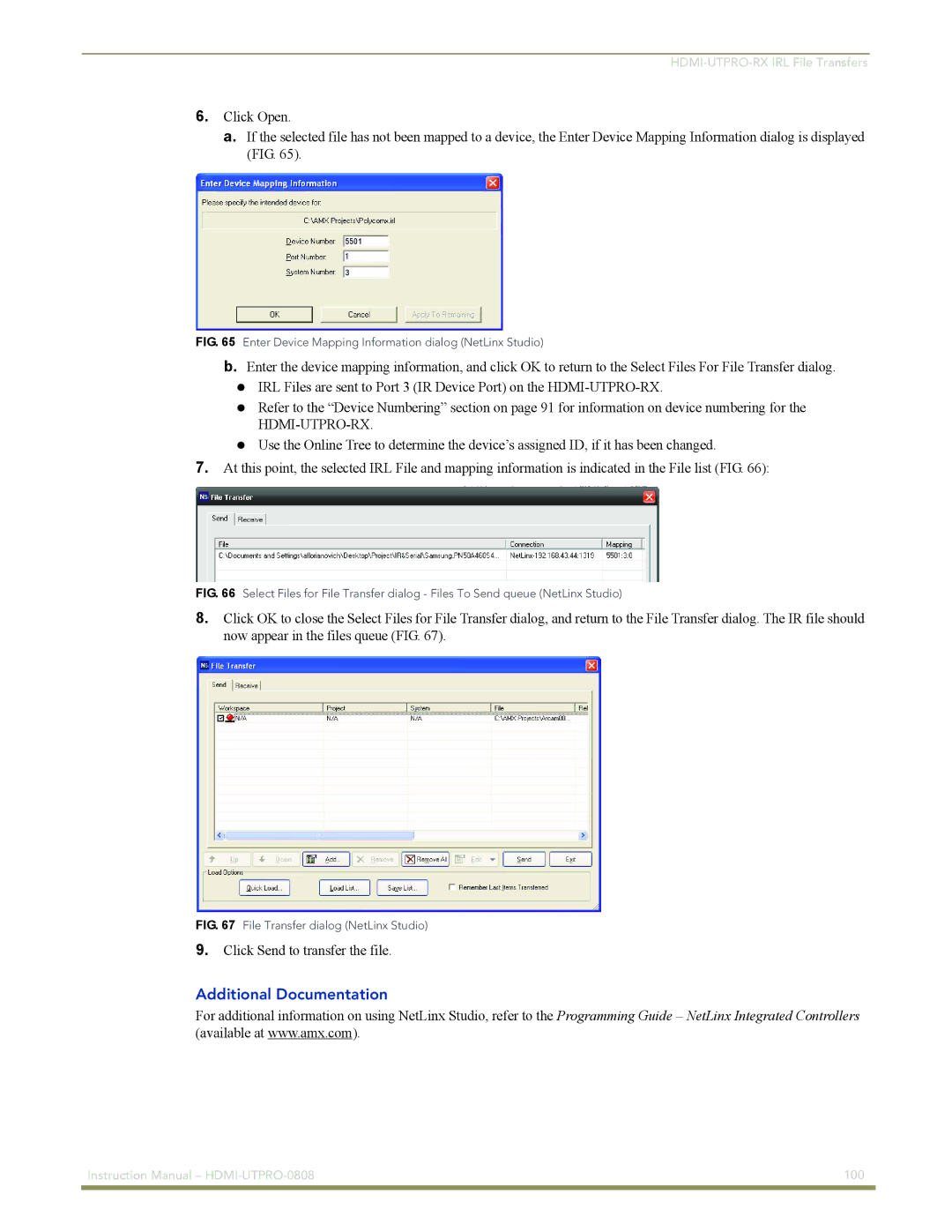 AMX HDMI-UTPRO-0808 instruction manual Additional Documentation, Enter Device Mapping Information dialog NetLinx Studio 