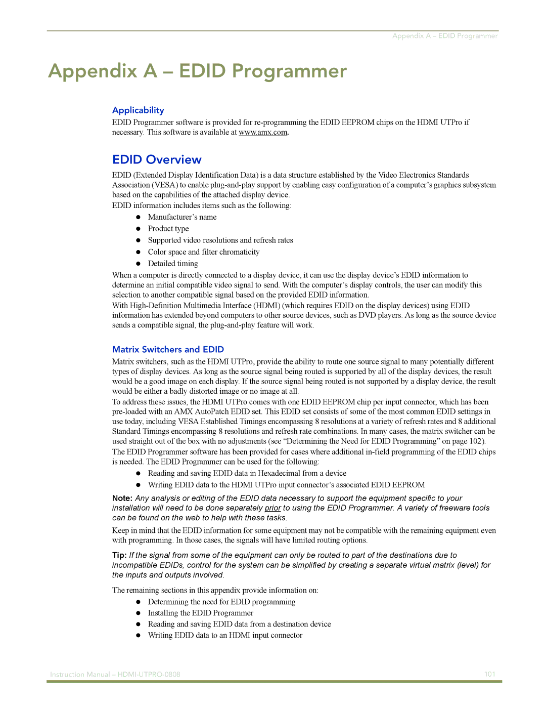 AMX HDMI-UTPRO-0808 instruction manual Appendix a Edid Programmer, Edid Overview, Applicability, Matrix Switchers and Edid 