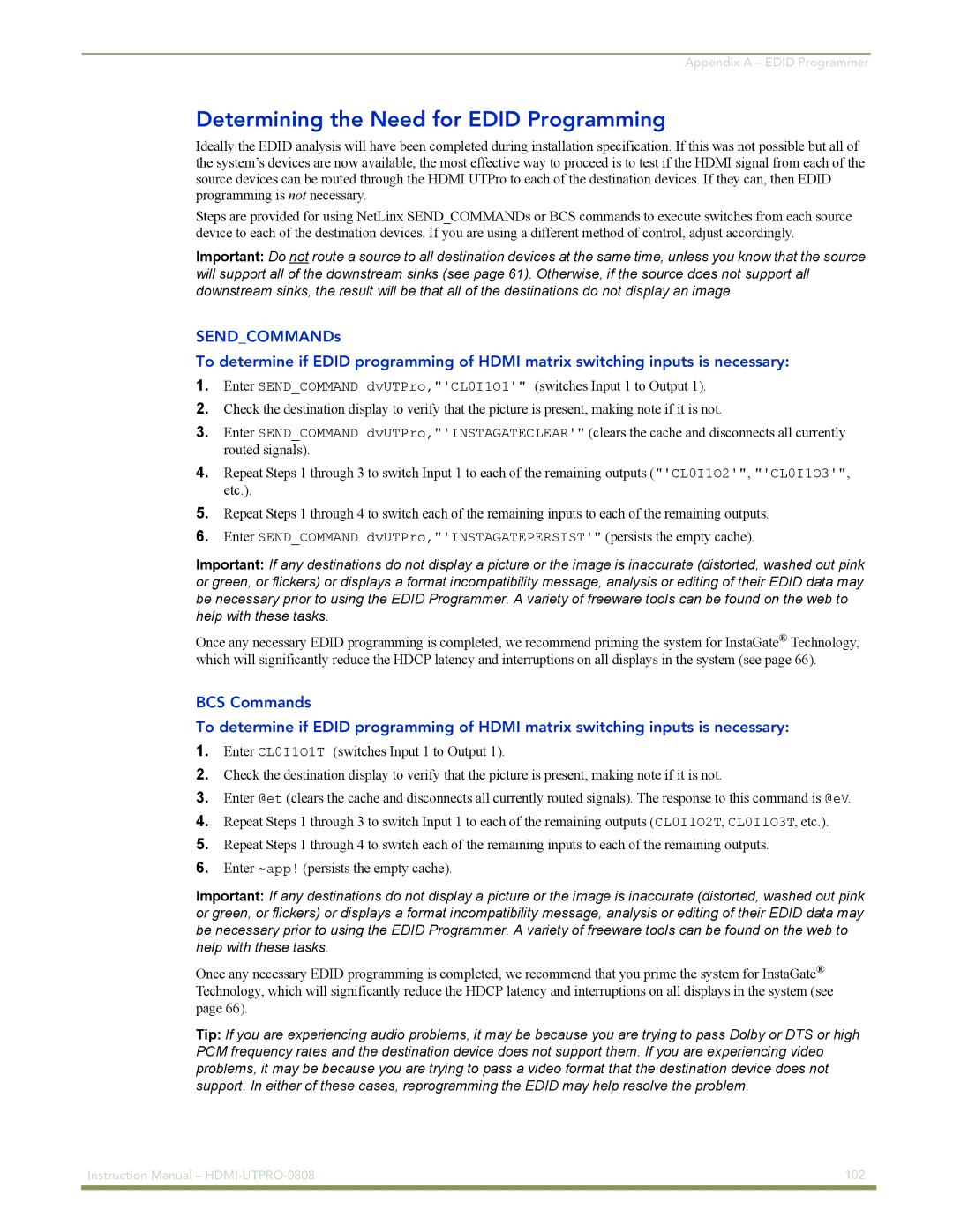 AMX HDMI-UTPRO-0808 instruction manual Determining the Need for Edid Programming 