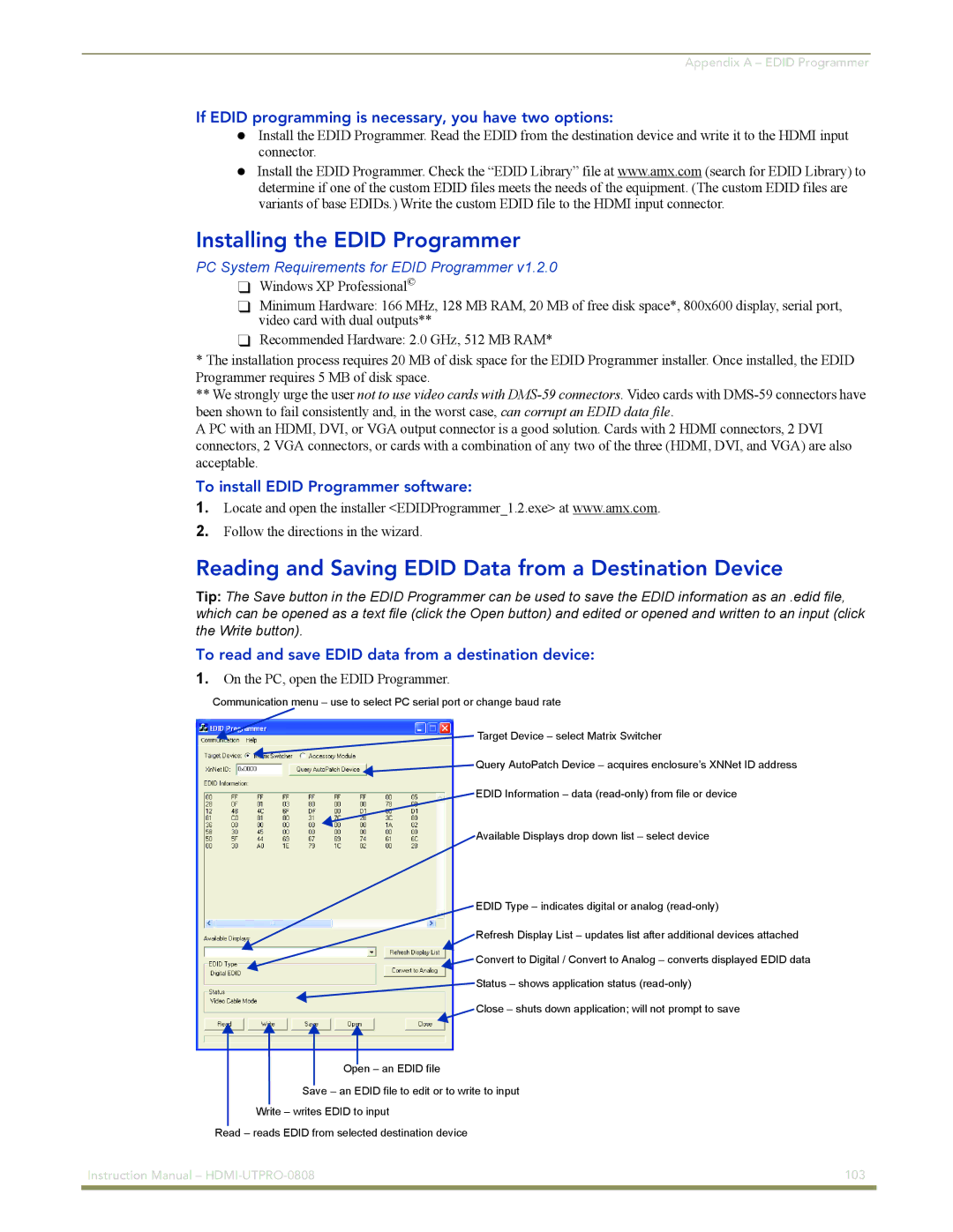 AMX HDMI-UTPRO-0808 Installing the Edid Programmer, Reading and Saving Edid Data from a Destination Device 