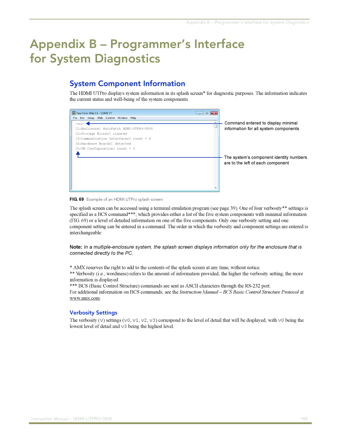 AMX HDMI-UTPRO-0808 Appendix B Programmer’s Interface for System Diagnostics, System Component Information 
