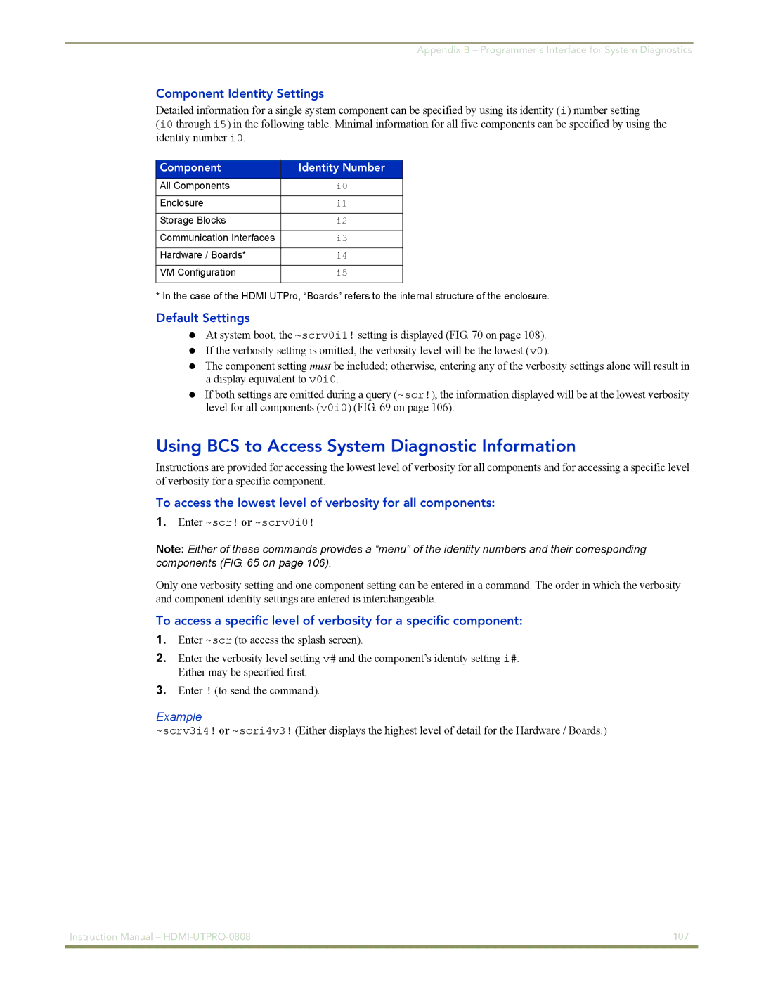 AMX HDMI-UTPRO-0808 Using BCS to Access System Diagnostic Information, Component Identity Settings, Default Settings 