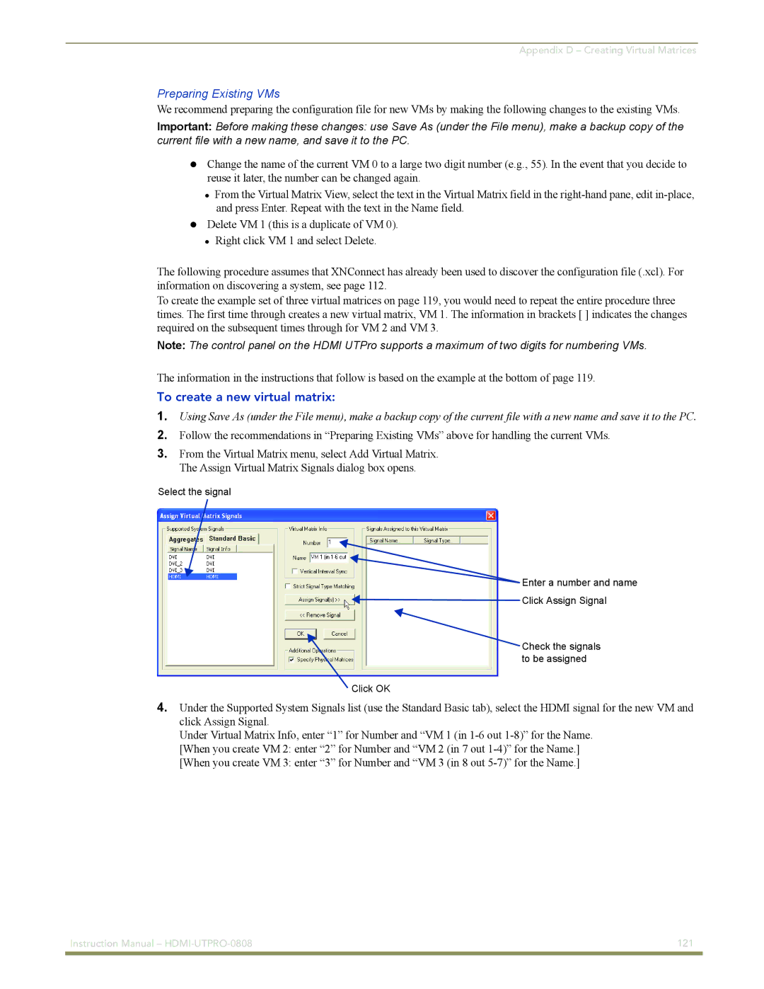 AMX HDMI-UTPRO-0808 instruction manual Preparing Existing VMs, To create a new virtual matrix 