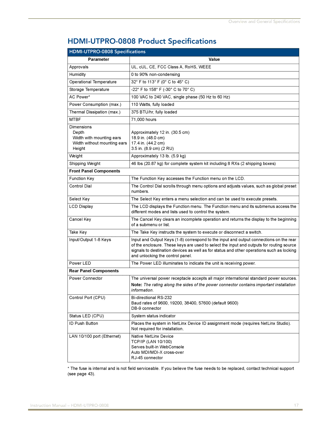 AMX instruction manual HDMI-UTPRO-0808 Product Specifications, HDMI-UTPRO-0808 Specifications 