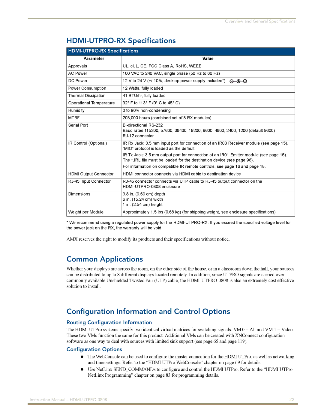 AMX HDMI-UTPRO-0808 HDMI-UTPRO-RX Specifications, Common Applications, Configuration Information and Control Options 