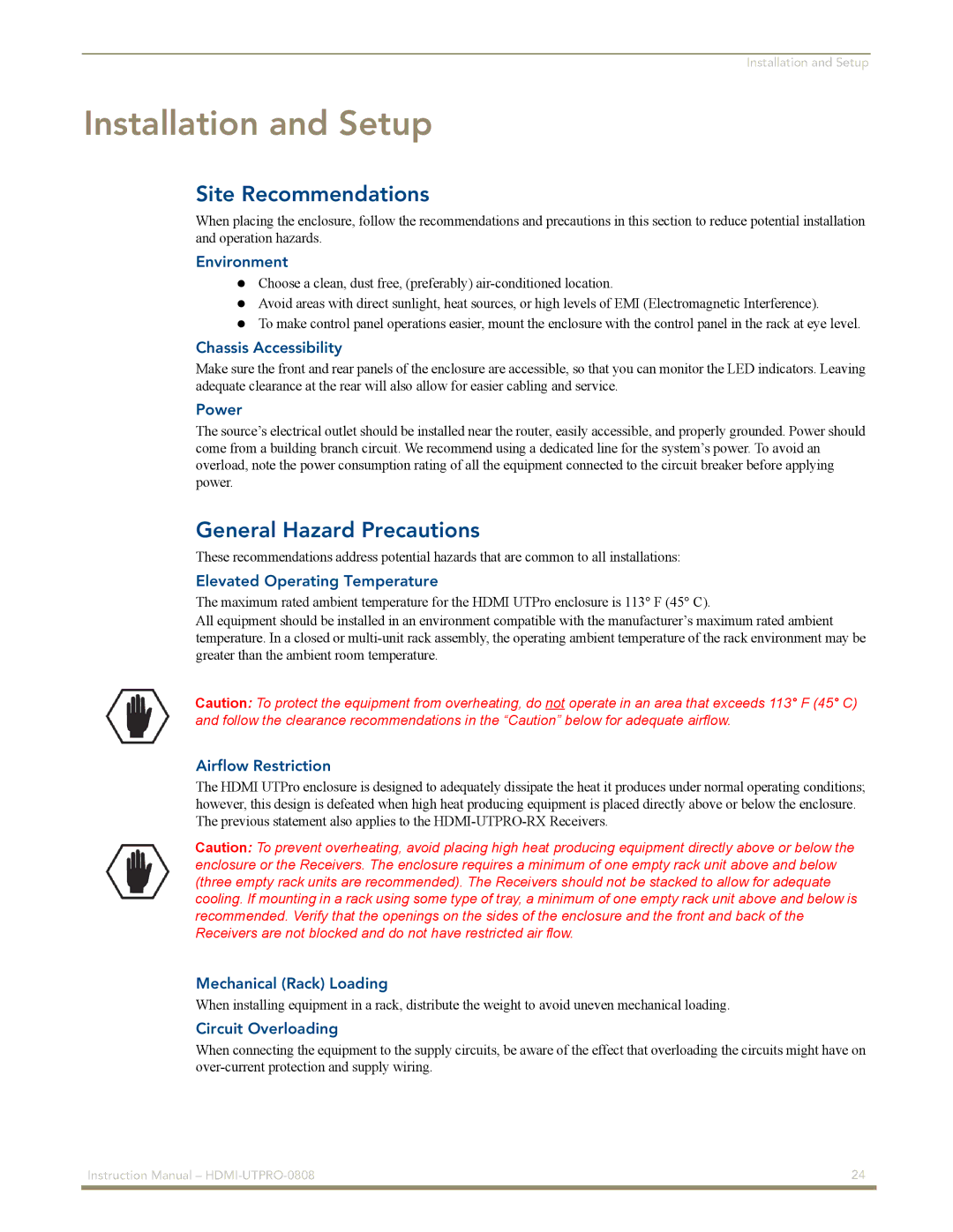 AMX HDMI-UTPRO-0808 instruction manual Installation and Setup, Site Recommendations, General Hazard Precautions 