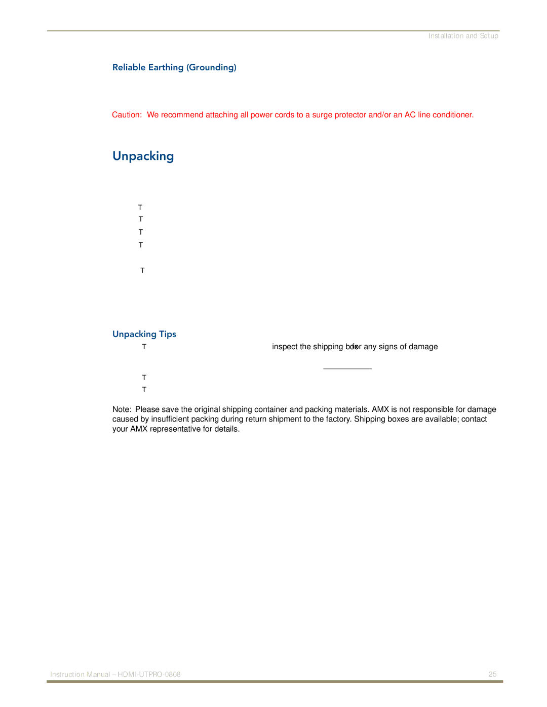 AMX HDMI-UTPRO-0808 instruction manual Reliable Earthing Grounding, Unpacking Tips 