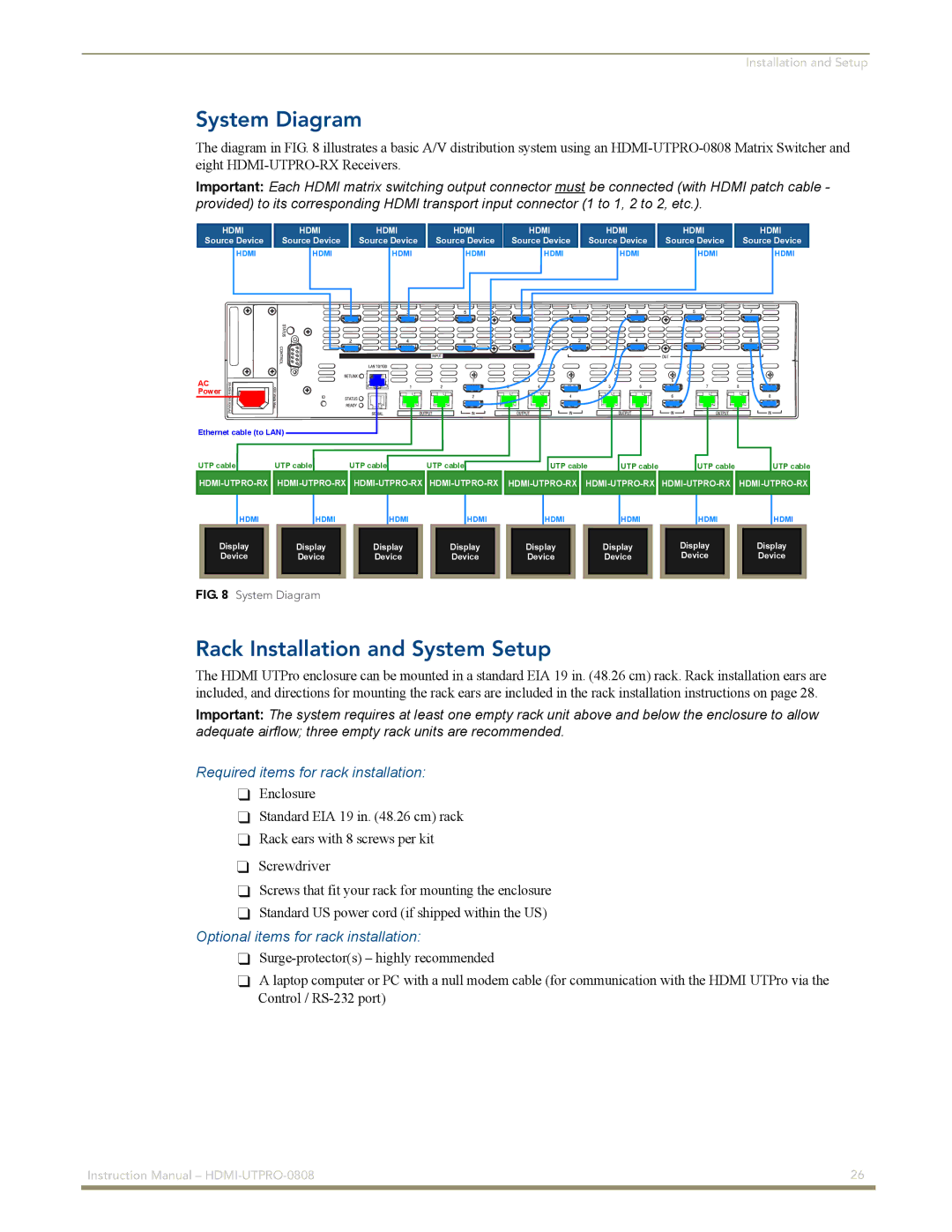 AMX HDMI-UTPRO-0808 System Diagram, Rack Installation and System Setup, Required items for rack installation 