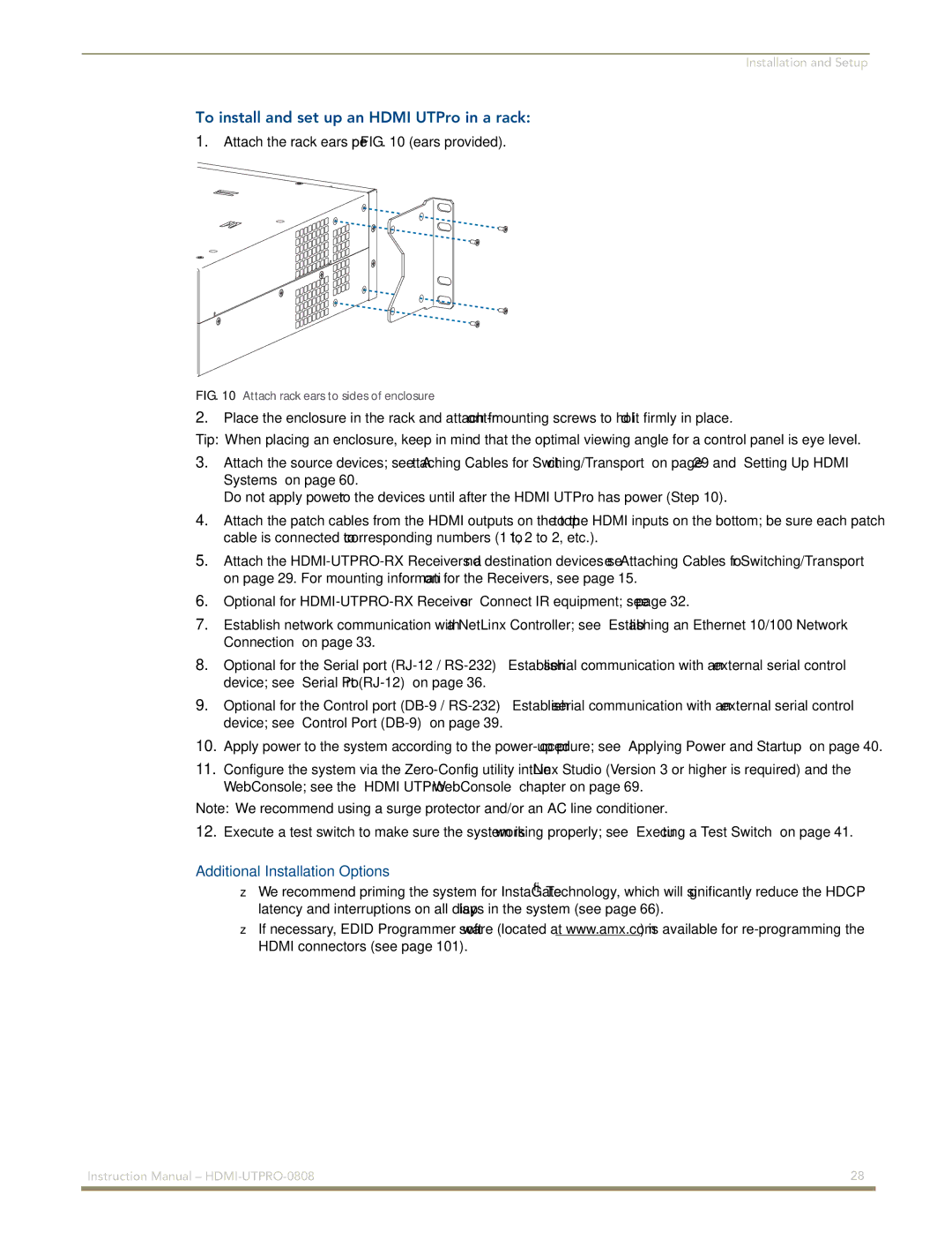 AMX HDMI-UTPRO-0808 instruction manual To install and set up an Hdmi UTPro in a rack, Additional Installation Options 